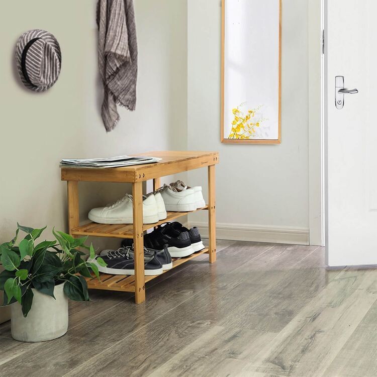 Schuhregal Bambus Sitzbank mit 3 Ablagen
