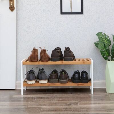 Schuhregal aus Bambus mit 2 Ebenen weiss-naturfarben