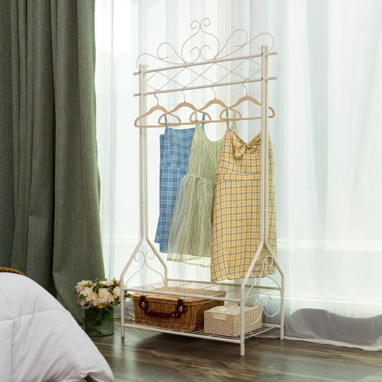 Vintage Kleiderständer, Garderobe mit Schuhablage cremeweiss