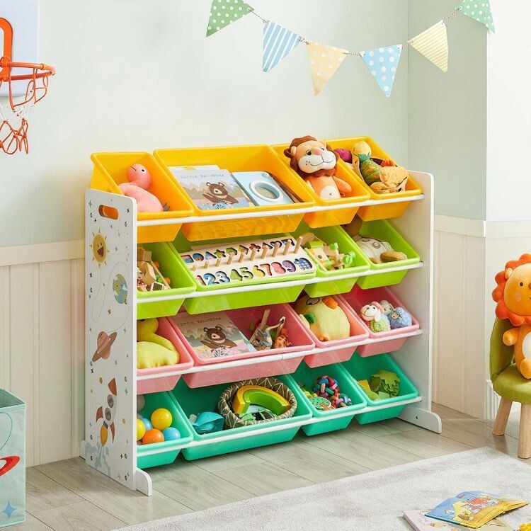Spielzeug-Organizer mit 16 abnehmbaren Boxen Motiv Weltraum, Rakete