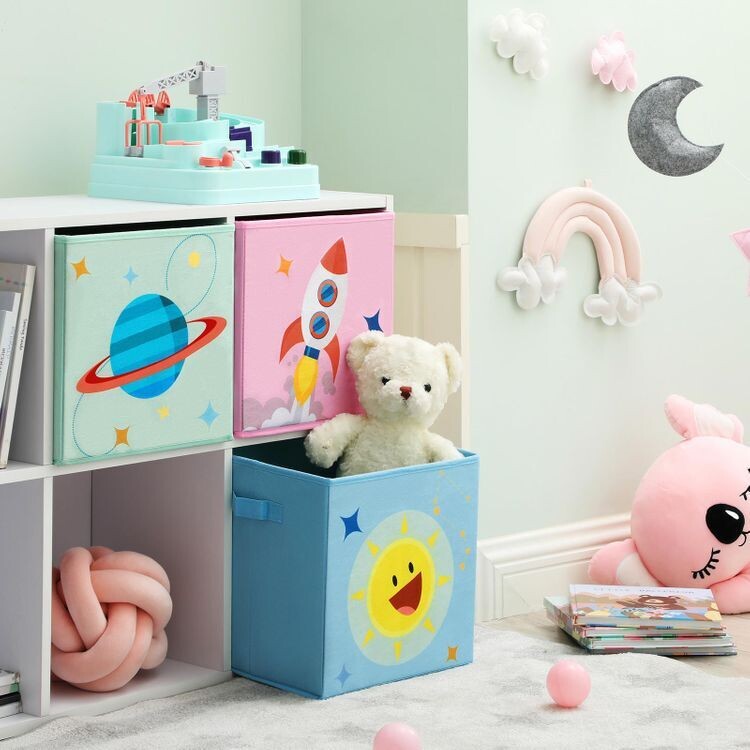 Aufbewahrungsboxen blau grün und rosa Motiv Weltraum, Rakete