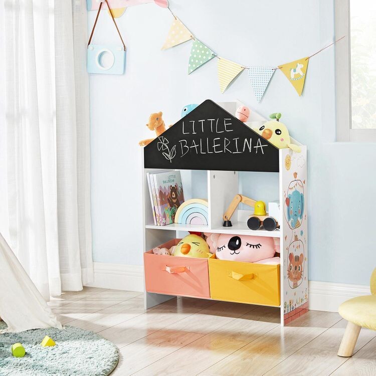 Kinderzimmerregal schwarz orange und gelb mit Tafel