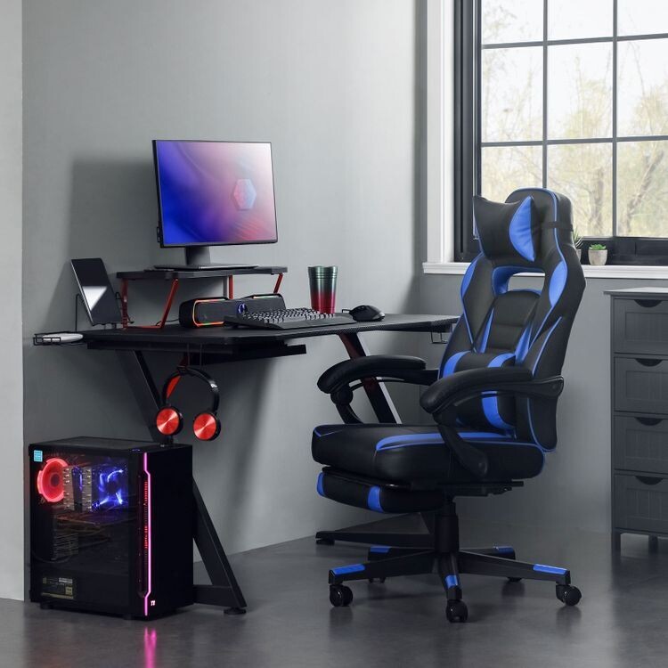 Gamingstuhl Schreibtischstuhl mit Fussstütze blau-schwarz