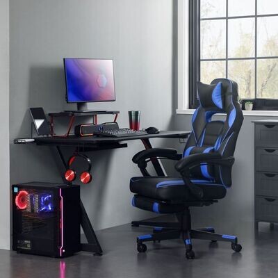 Gamingstuhl Schreibtischstuhl mit Fussstütze blau-schwarz