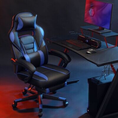 Gamingstuhl Schreibtischstuhl mit Fussstütze blau-schwarz