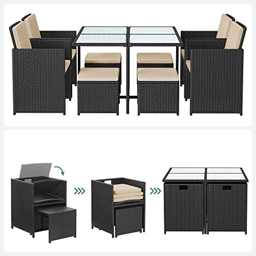 Gartenmöbel 9er Set aus Polyrattan mit Glastisch