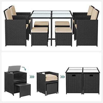 Gartenmöbel 9er Set aus Polyrattan mit Glastisch