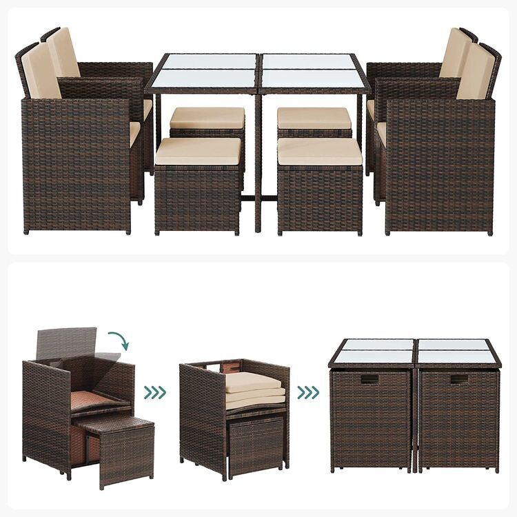 Gartenmöbel 9er Set aus Polyrattan mit Glastisch