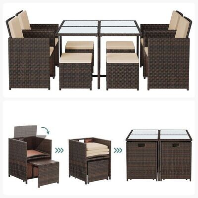 Gartenmöbel 9er Set aus Polyrattan mit Glastisch