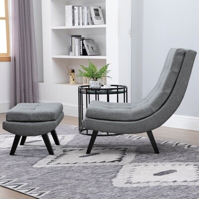 Sessel mit Fusshocker Relaxliege Chaiselongue Kautschukholzbeine Leinen Grau