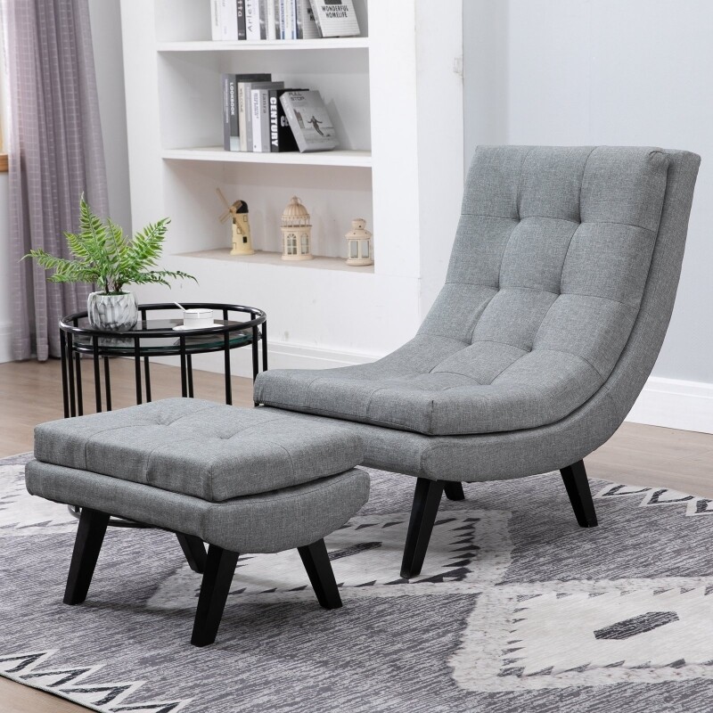Sessel mit Fusshocker Relaxliege Chaiselongue Kautschukholzbeine Leinen Grau