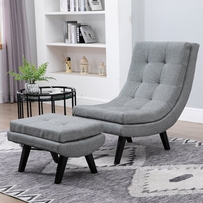 Sessel mit Fusshocker Relaxliege Chaiselongue Kautschukholzbeine Leinen Grau