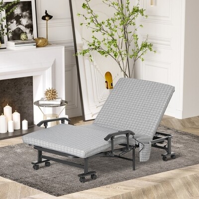 elektrisches Klappbett, Gästebett, neigbare Rücklehne &amp; Fussstütze, mit Fernbedienung, grau+schwarz,