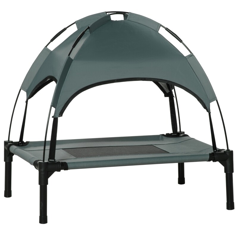 Erhöhtes Hundebett mit Baldachin, Haustierbett, Hundeliege outdoor mit Dach, Atmungsaktiv, Taftstoff für Camping Grau 61 x 46 x 62 cm