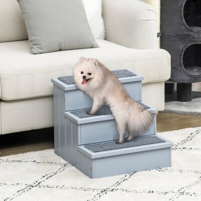 Haustiertreppe Hundetreppe Katzentreppe Kiefernholz Grau – Stauraum & Nadelfilz