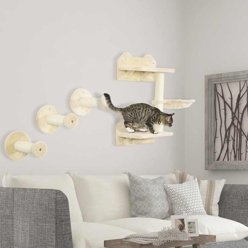 Kletterstufen, Kletterwand, Katzentreppe, 4-tlg. Set, mit Kratzbaum, Hängematte, beige+cremeweiss, 40 x 28 x 73cm