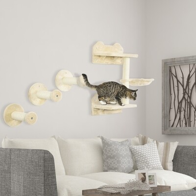 Kletterstufen, Kletterwand, Katzentreppe, 4-tlg. Set, mit Kratzbaum, Hängematte, beige+cremeweiss, 40 x 28 x 73cm