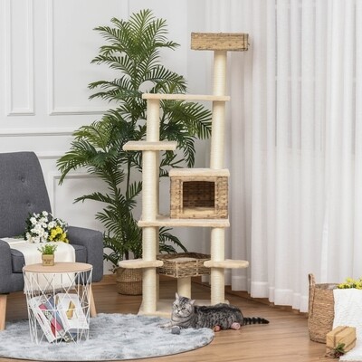 Mehrstufiger Kratzbaum Katzenbaum Rattan mit Hängematte