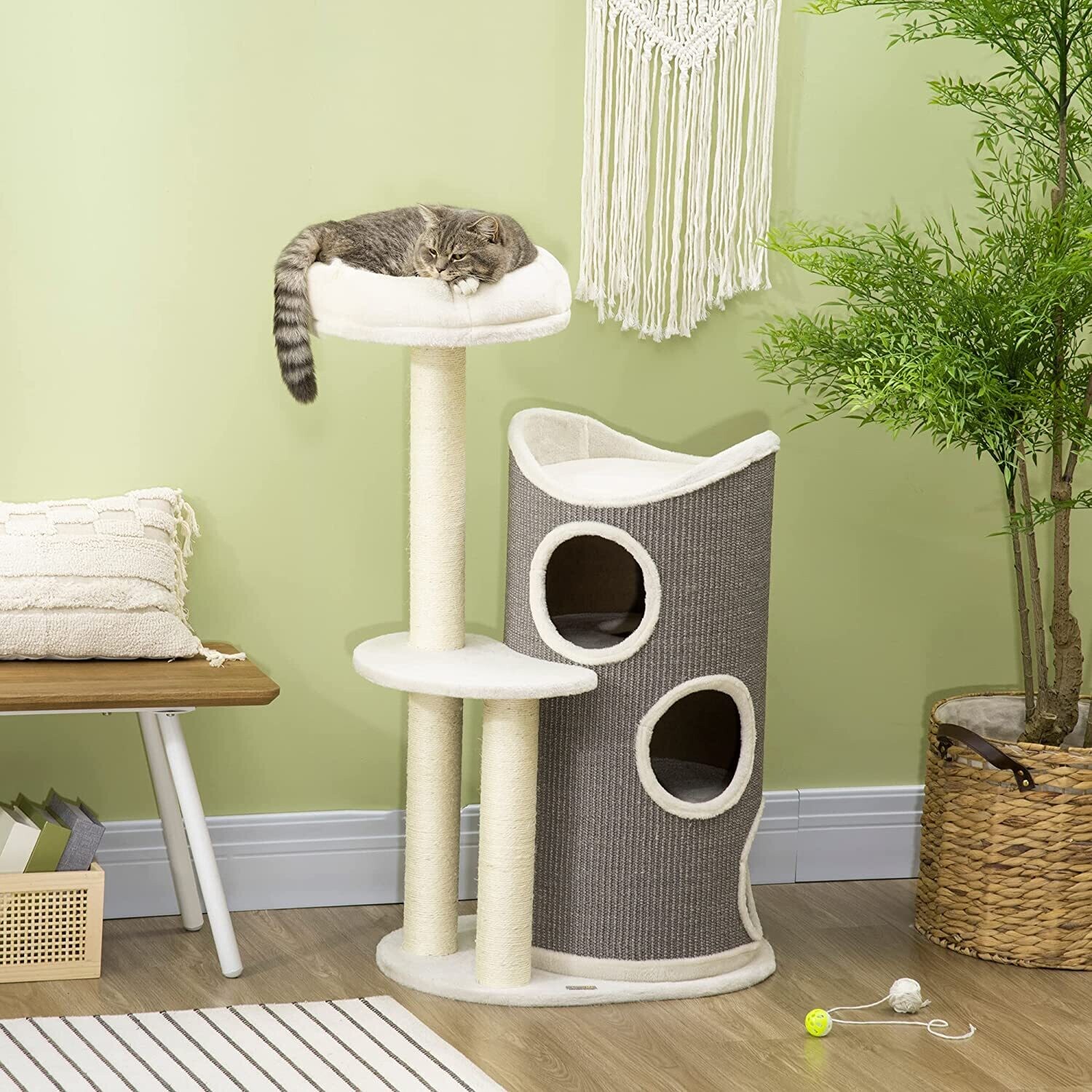 Kratzbaum mit Katzenbett u. Kratztonne für Katzen, Grau + Natur + Weiss
