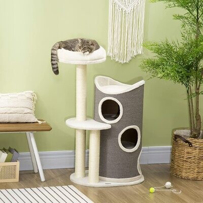 Kratzbaum mit Katzenbett u. Kratztonne für Katzen, Grau + Natur + Weiss