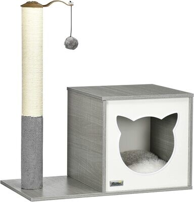 Kratzbaum, Katzenhaus, Katzenhöhle, mit Spielball, waschbarem Liegekissen, grau,