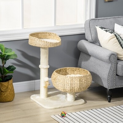 Kratzbaum, zwei Katzenbetten mit waschbaren Kissen, zwei Kratzstämme, Spielball, beige + cremeweiss,