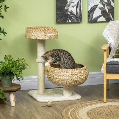 Kratzbaum, zwei Katzenbetten mit waschbaren Kissen, zwei Kratzstämme, Spielball, beige + cremeweiss,