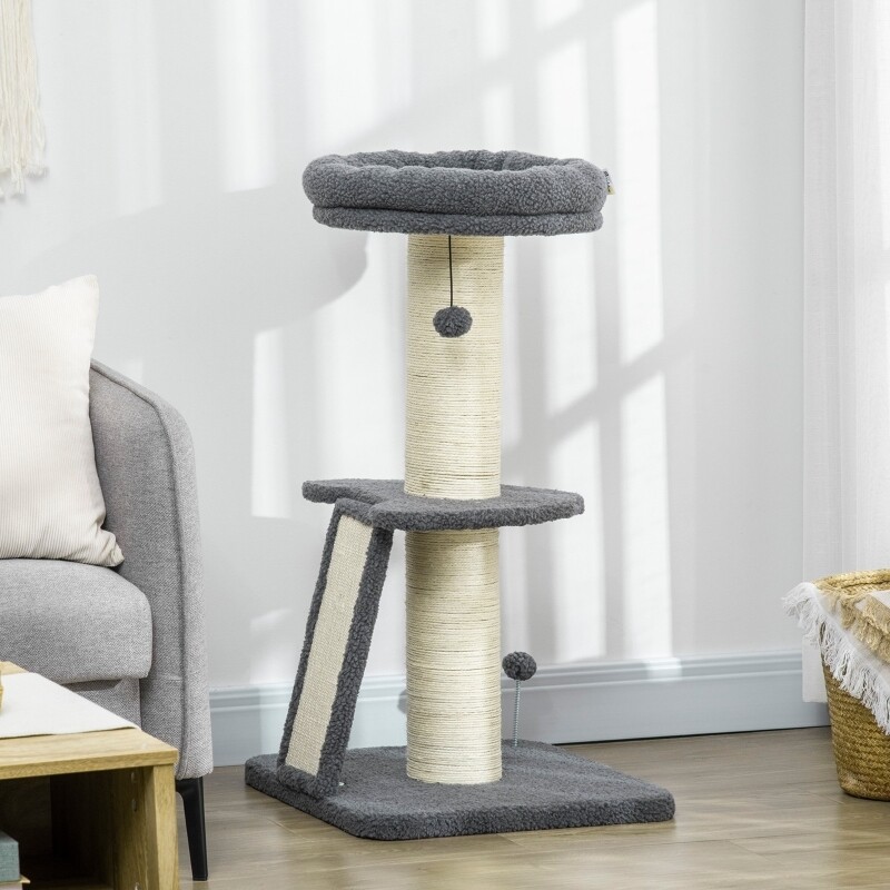 Kratzbaum, eine Plattform, hängender Spielball, Sisal, dunkelgrau+cremeweiss