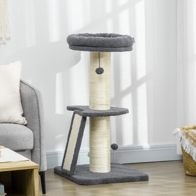 Kratzbaum, eine Plattform, hängender Spielball, Sisal, dunkelgrau+cremeweiss