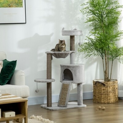 Kratzbaum inkl. Katzenhöhle, Katzenbett, Katzenhängematte und Spielzeug 60 cm x 40 cm x 113 cm, Hellgrau