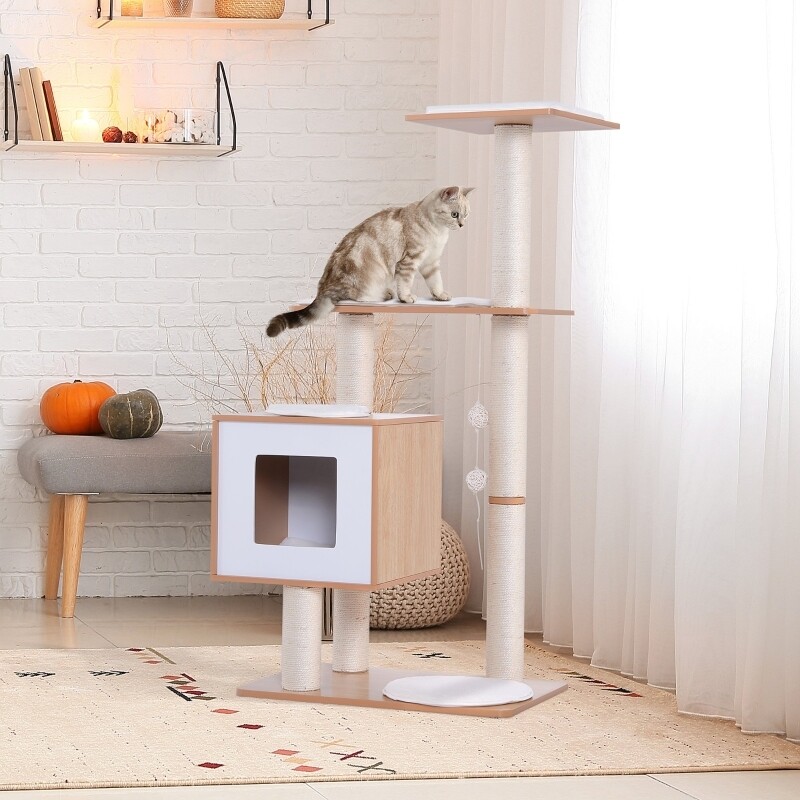 Kratzbaum Katzenspielzeug Kletterbaum Sisal Polster Liegefläche Ball natur