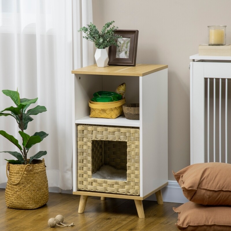 Katzenhöhle aus Rattan mit Stauraum, inkl. waschbaren Kissen, Eiche + Weiss + Beige
