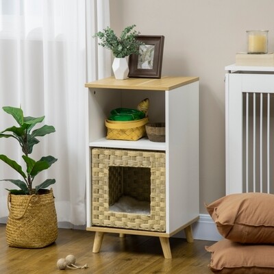 Katzenhöhle aus Rattan mit Stauraum, inkl. waschbaren Kissen, Eiche + Weiss + Beige