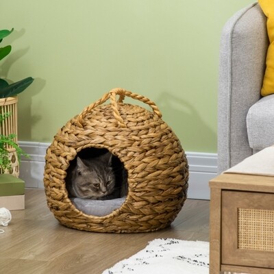 Katzenhöhle, Katzenkorb, Wasserhyazinthengras mit Tragegriff 41 cm x 38 cm x 41 cm Natur