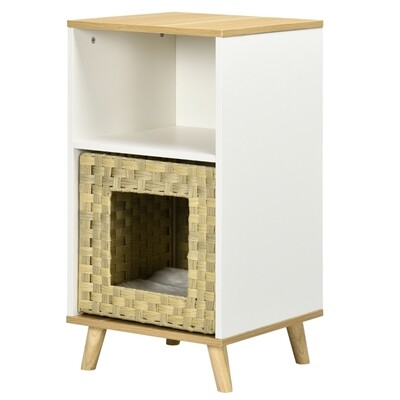 Katzenhöhle aus Rattan mit Stauraum, inkl. waschbaren Kissen, Eiche + Weiss + Beige
