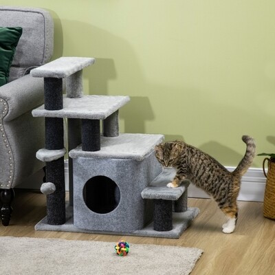 Katzenhaus, Tiertreppe, 4 Stufen, Spielball, Häuschen, höhenverstellbar, schwarz+grau, 60 x 40 x 66 cm