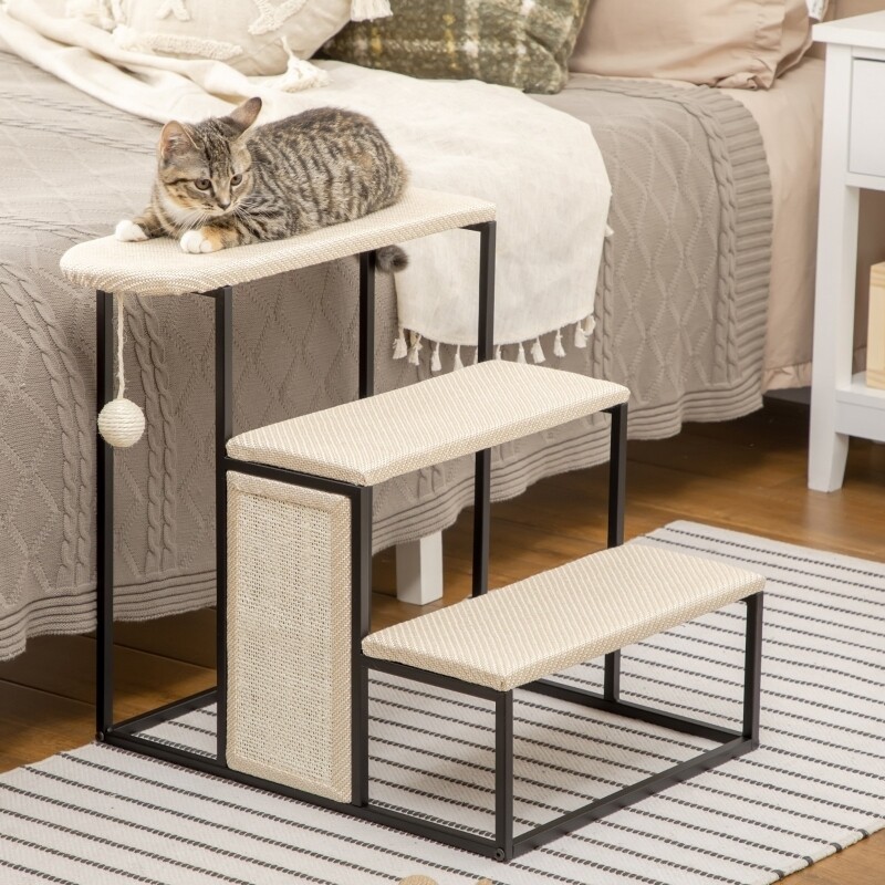 Katzentreppe, mit Kratzbrett, 3 Stufen, Spielball, robust, Stahl+Sisal, cremeweiss + schwarz, 51 x 54 x 53cm