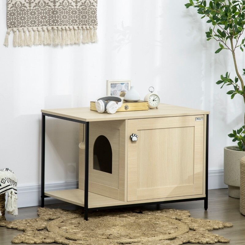 Katzentoilette, Katzenhaus, magnetische Seitentür, hängender Spielball, Bodenabstand, Eichenoptik, 80 x 48 x 55cm