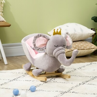Schaukeltier Elefant, Sicherheitsgurt, gepolsterter Sattel, Grau + Rosa