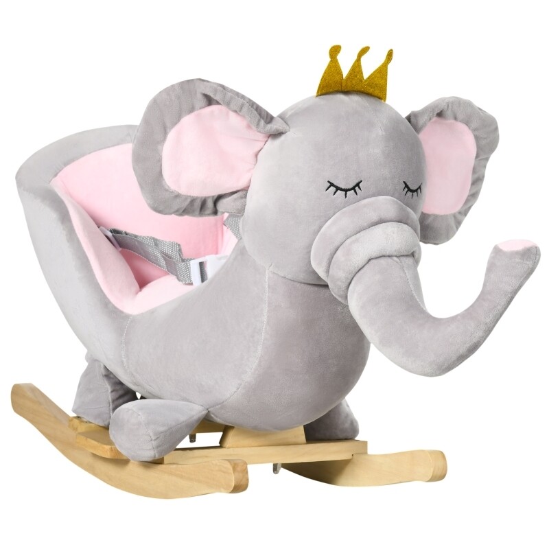Schaukeltier Elefant, Sicherheitsgurt, gepolsterter Sattel, Grau + Rosa