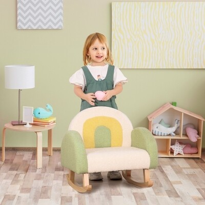Kinder-Schaukelstuhl, Schaffell-Imitat, Eukalyptusholz Grün + Gelb Beige