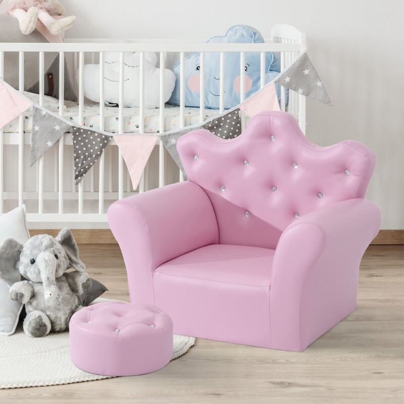 Kindersessel mit Fusshocker Schaumstoff, Holz, PU 58 x 40,5 x 49 cm Rosa