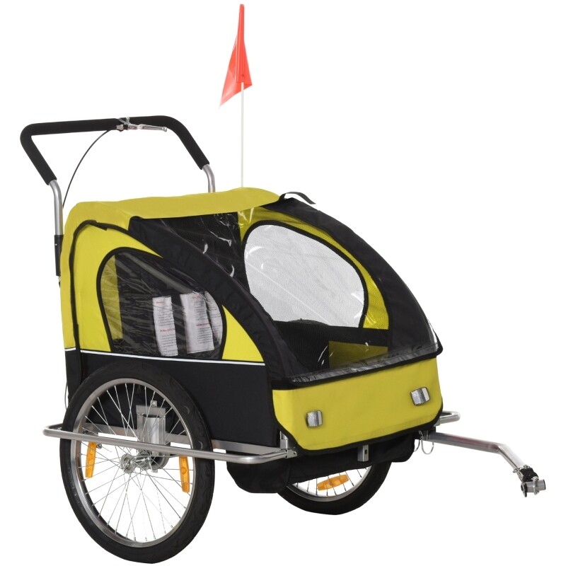 KInder-Velo-Anhänger, Kinderfahrradanhänger für 2 Kinder inkl. Reflektoren u. Fahne Gelb + Schwarz