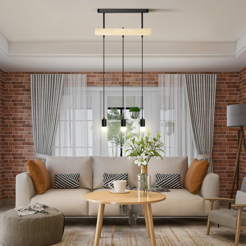 Pendelleuchte, Hängelampe, 3-flammig, höhenverstellbar, Industrial Design, Metall+Holz, schwarz