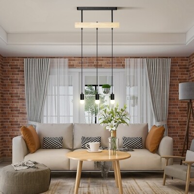 Pendelleuchte, Hängelampe, 3-flammig, höhenverstellbar, Industrial Design, Metall+Holz, schwarz