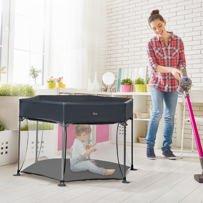 Laufstall klappbar tragbar 134 cm x 134 cm x 83 cm Mesh PP Grau