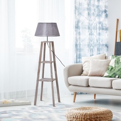 Stehlampe mit Regal Standleuchte Skandinavische Lampe Kiefer Natur Grau