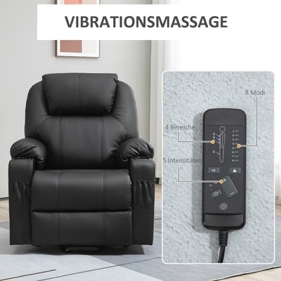 Aufstehsessel, Massagesessel, neigbare Rücklehne, 8 Massagemodi, elegantes Kunstleder, schwarz,