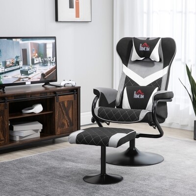 Relaxsessel, Gamingsessel, mit Hocker, neigbare Rücklehne, drehbarer Sitz, Schwarz+Grau,
