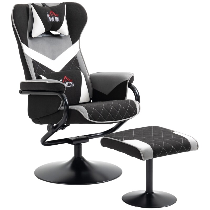 Relaxsessel, Gamingsessel, mit Hocker, neigbare Rücklehne, drehbarer Sitz, Schwarz+Grau,